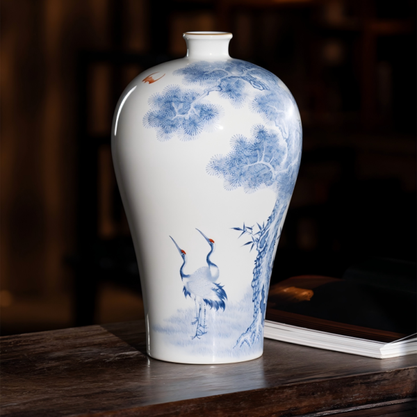 Jingdezhen Imperial Kiln Blue and White Pine and Crane Symbolizing Longevity Vase, Hand-Painted Porcelain