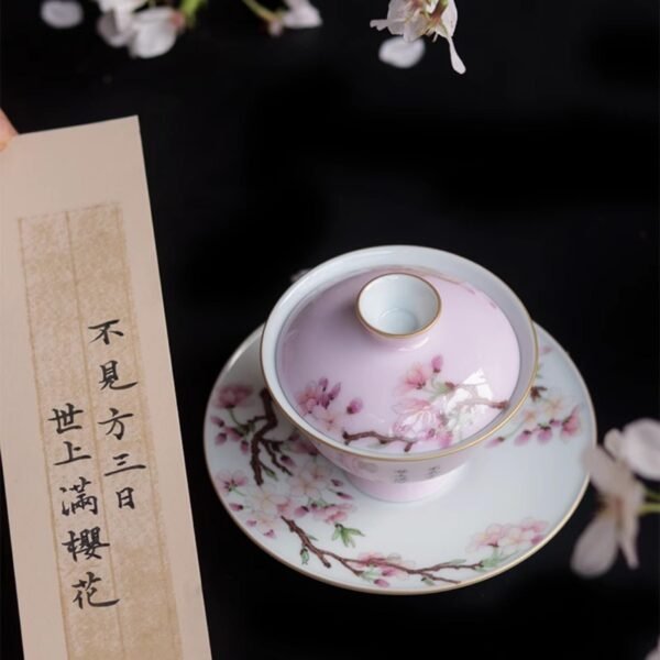 Reunion Jingdezhen Hand-Painted Cover Bowl with Mountain Cherry Blossoms and Three Talents Design