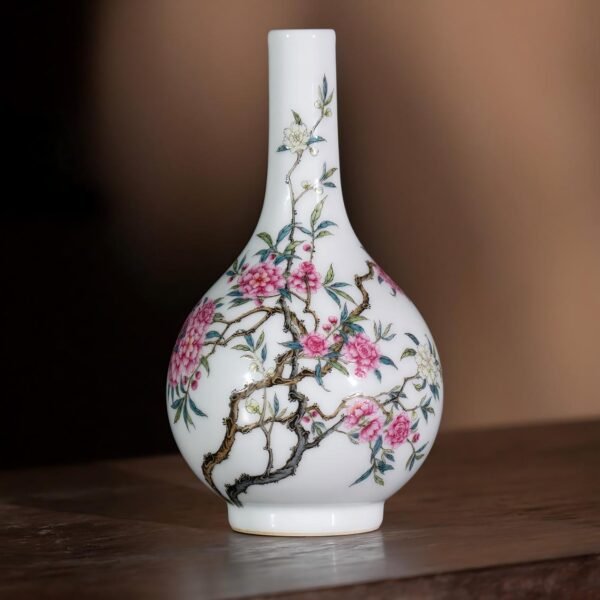 Jingdezhen Imperial Kiln Famille Rose Peach Blossom Pattern Vase, Hand-Painted Porcelain