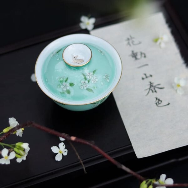 南风知我意 工笔手绘梨花小鹿颜色釉盖碗