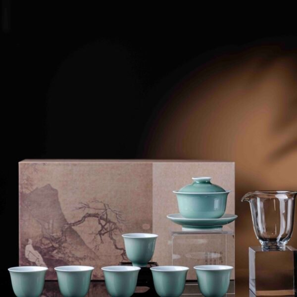 Jingdezhen High-Temperature Glazed Blue Wave Gaiwan and Tea Cup Set